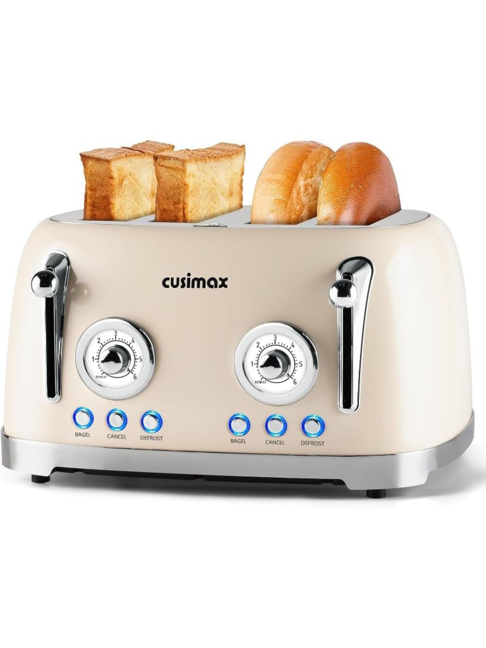 4 Slice Cream Stainless Steel Retro Defrost Toaster with Wide Slots for Bagels